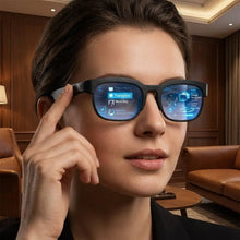 Lunettes connectées noires avec connexion bluetooth et interface holographique bleue pour traduction ia et enregistrement