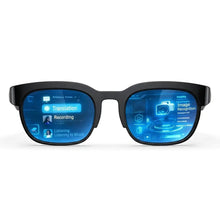 Lunettes connectées noires avec connexion bluetooth et affichage holographique bleu pour traduction ia en temps réel
