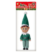 Lutin de noël décoratif vert avec tenue rayée et bonnet à bordure blanche pour décoration festive