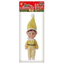 Lutin de noël décoratif à tenue rayée jaune en tissu pelucheux avec chapeau pointu et pantalon rayé