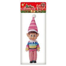 Lutin de Noël décoratif à tenue rayée rose et blanc avec pull arc-en-ciel et pantalon rayé rouge et blanc