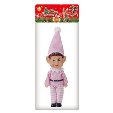 Lutin de noël décoratif à tenue rayée rose avec chapeau pointu, pantalon rayé et chaussures noires