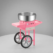 Machine à barbe à papa électrique rose avec chariot inox et roues noir argent pour barbes à papa et déguisement carnaval avec température réglable
