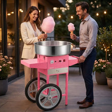 Machine à barbe à papa électrique rose avec bol inox et roues argentées idéale pour barbes à papa carnaval