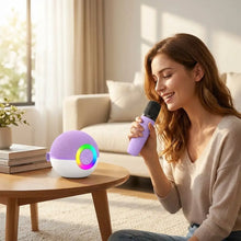 Mini machine de karaoké bluetooth sphérique violette et blanche avec enceinte bluetooth et anneau lumineux arc-en-ciel