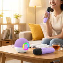 Mini machine de karaoké enceinte bluetooth sphérique violet et blanc avec panneau de contrôle arc-en-ciel et 2 microphones