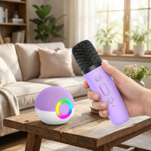 Mini machine de karaoké bluetooth violette avec micro sans fil et enceinte bluetooth sphérique à éclairage led multicolore