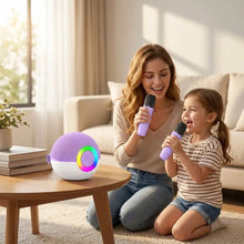 Mini machine de karaoké bluetooth sphérique violet et blanc avec enceinte bluetooth et led arc-en-ciel sur le devant