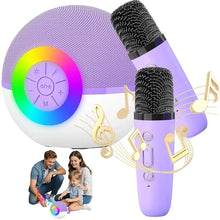 Mini machine de karaoké bluetooth enceinte bluetooth violette et blanche avec deux microphones sans fil et panneau led coloré