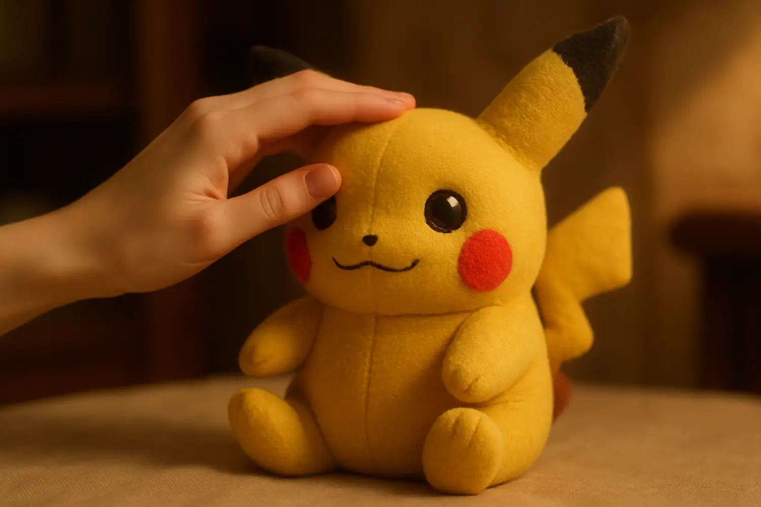 Main caressant doucement une peluche pokemon restaurée