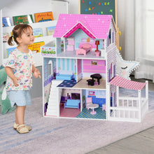 Maison de poupée en bois à trois étages rose et blanc avec balcon étoile et mobilier pastel pour déguisement carnaval