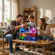 Maison lumineuse aux sept pièces colorées en lego avec éclairage bleu violet rouge et vert en 1426 éléments