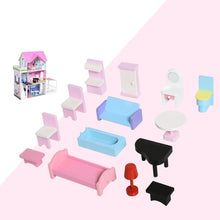 Maison poupée 3 étages avec mobilier en bois pastel comprenant canapé rose et bleu pour magasins de jouets