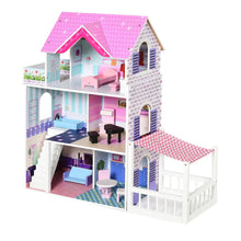 Maison poupée 3 étages en bois avec toit rose, volets violets, intérieur pastel idéale pour magasins de jouets