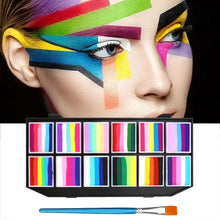 Palette arc-en-ciel soluble maquillage 12 couleurs avec dix compartiments multicolores et pinceau à manche bleu