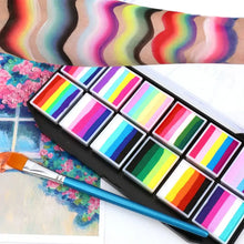 Palette arc-en-ciel soluble maquillage 12 couleurs avec pinceau bleu et cases blanches pour un maquillage précis