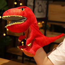 Marionnette à main dinosaure rouge en peluche 35 cm avec dents jaunes et yeux noirs pour aventures préhistoriques