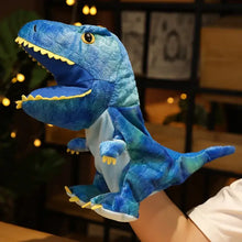 Marionnette à main dinosaure en peluche bleue avec accents jaunes pour aventures préhistoriques, 35 cm