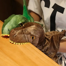 Marionnette à main dinosaure marron en peluche 35 cm avec peau texturée et dents jaunes cousues pour aventures préhistoriques