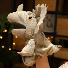 Marionnette à main dinosaure 35 cm en peluche grise avec œil jaune pour aventures préhistoriques main dinosaure