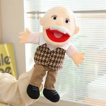 Plush marionnette à main famille 38 cm représentant un homme âgé aux personnages avec gilet pied-de-poule beige