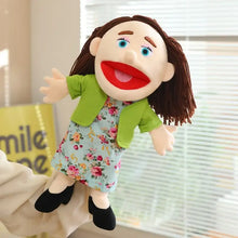 Marionnette à main famille en peluche 38 cm avec cheveux en laine, yeux bleus, robe fleurie et gilet vert