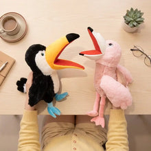 Marionnette à main oiseau en peluche de 35 cm avec toucan et flamant rose expressifs à animer pour petit théâtre