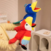 Marionnette à main oiseau en peluche expressive à animer rouge et jaune avec queue bleue pour petit théâtre 35 cm