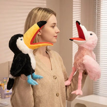 Marionnette à main oiseau en peluche 35 cm noir et blanc avec bec jaune vif pour petit théâtre expressive à animer