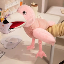 Marionnette à main oiseau en peluche rose de 35 cm avec bec blanc noir expressive à animer pour petit théâtre