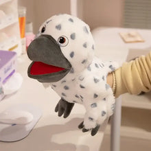 Marionnette à main oiseau en peluche blanche à taches grises expressive à animer pour petit théâtre de 35 cm