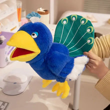 Marionnette à main oiseau en peluche bleue avec bec et pieds jaunes et queue verte expressive à animer pour petit théâtre