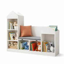 Meuble bibliothèque enfant blanc en forme de maison avec coin lecture intégré et rangements pratiques en bois