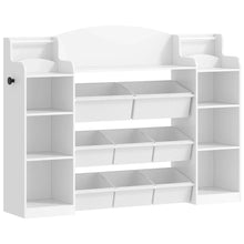 Meuble jouets bibliothèque enfant en bois blanc avec six bacs rectangulaires pour ranger déguisement carnaval et figurines marvel