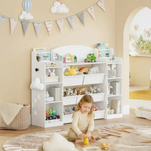 Meuble jouets bibliothèque enfant blanc thème nuage avec étagères et tiroirs décoré de figurines marvel et accessoires carnaval