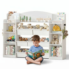 Bibliothèque enfant en bois blanc avec bacs de rangement intégrés et étagères pour meuble jouets et déguisement carnaval