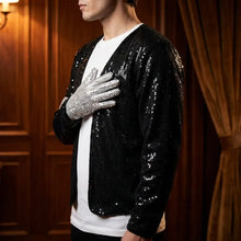 Cardigan noir à sequins billie jean michael jackson avec gants pailletés argentés pour déguisement michael jackson billie