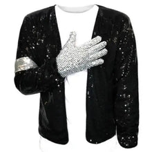 Veste noire pailletée michael jackson billie jean avec gant et bande de manche ornés de strass argentés