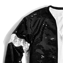 Veste noire à sequins billie jean michael jackson avec patch blanc en sequins sur la manche pour déguisement