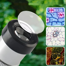 Microscope éducatif noir et argent avec éclairage led et bouchon de lentille circulaire transparent pour usage d’un adulte