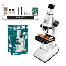 Microscope éducatif blanc et noir avec éclairage led et grossissements annoncés à 20x 60x et 120x conçu pour lenseignement