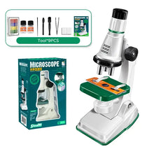 Microscope éducatif blanc et vert avec éclairage led et grossissements annoncés 200x 400x 1200x pour enfants