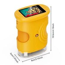 Microscope numérique portable jaune avec écran de 2 pouces affichant un papillon et une poignée texturée