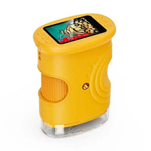 Microscope numérique portable rechargeable jaune avec écran de 2 pouces affichant un papillon coloré