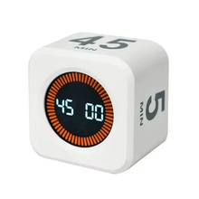 Minuteur cube rechargeable blanc avec écran led circulaire bleu de 45 minutes entouré d’anneau orange