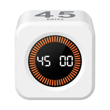 Minuteur cube rechargeable blanc avec écran led circulaire noir affichant 45 minutes et anneau orange segmenté