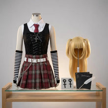 Corset noir en dentelle avec col blanc et cravate rouge, jupe à carreaux bordeaux et ceinture étoiles argent pour costume cosplay misa amane death note