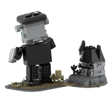 Figure lego frankenstein noir et gris avec château assorti en briques pour décoration halloween laboratoire halloween aux créatures