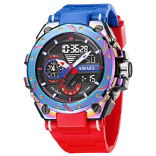 Montre enfant quartz waterproof alarme avec bracelet silicone rouge et bleu et lunette iridescente compagnon idéal carnaval