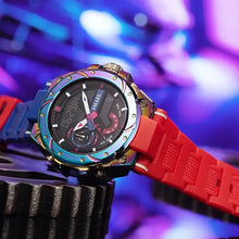Montre enfant quartz waterproof alarme avec bracelet silicone rouge et boîtier métallique irisé compagnon idéal déguisement carnaval